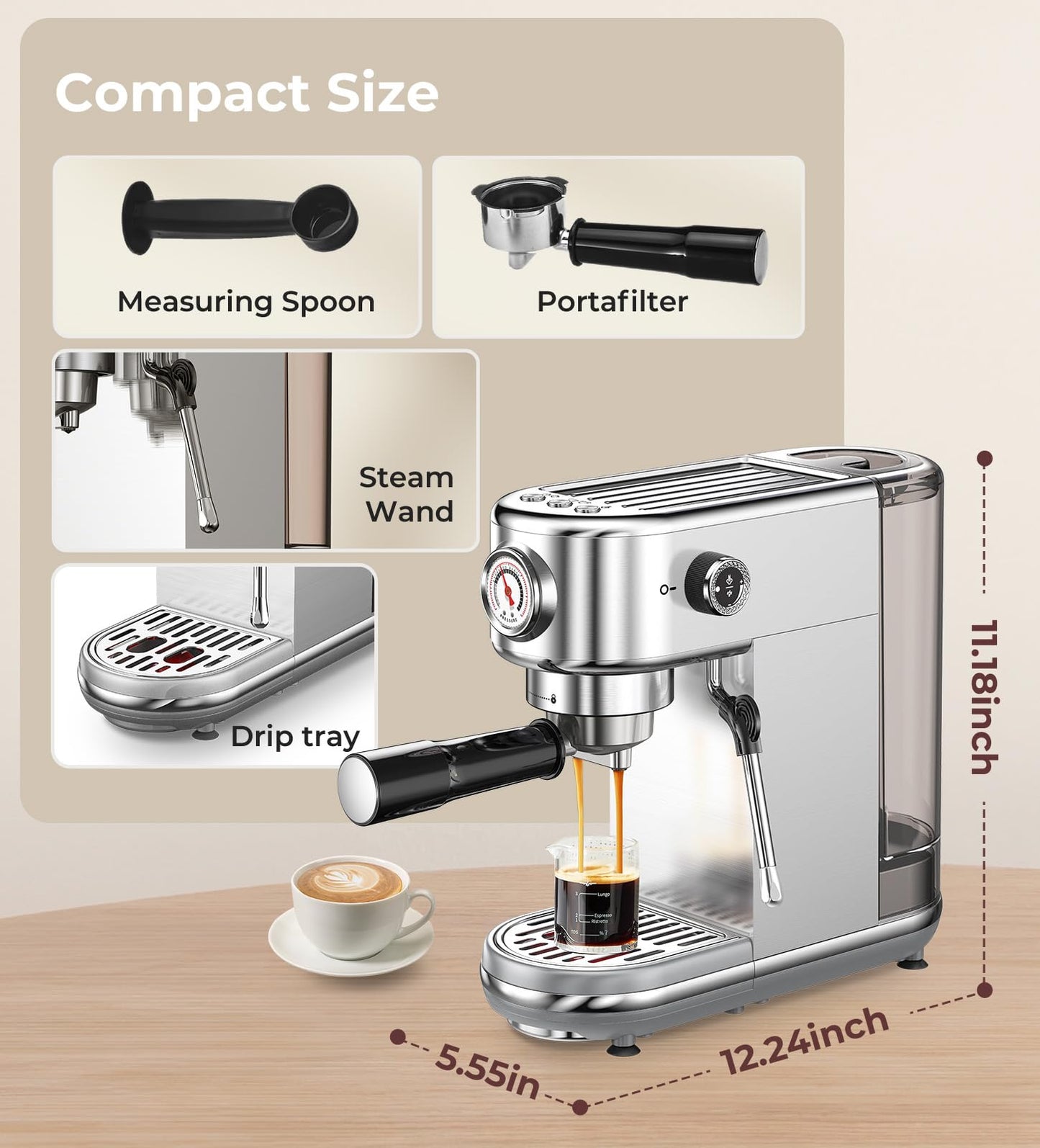 Espresso Machine with Milk Frother, 20 Bar High Pressure Professional Espresso Maker Automatic, Compact Stainless Steel Coffee Machine for Cappuccino, Latte, Gift for Coffee Lover, Dad or Mom, Silver
