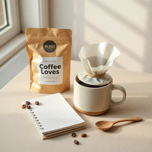 Specialty coffee beans, pour-over dripper, and a ceramic mug arranged on a neutral surface