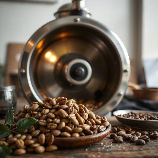 Stainless steel drum coffee roaster with green coffee beans tumbling inside
