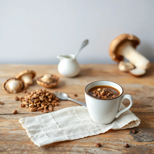 Warm cup of mushroom coffee blends with small mushroom accents on a wooden table
