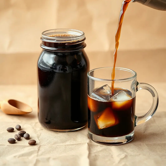 Jar of dark cold brew concentrate and a glass mug being filled over ice
