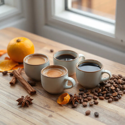 Three cups of seasonal coffee with cinnamon and orange accents on a wooden table
