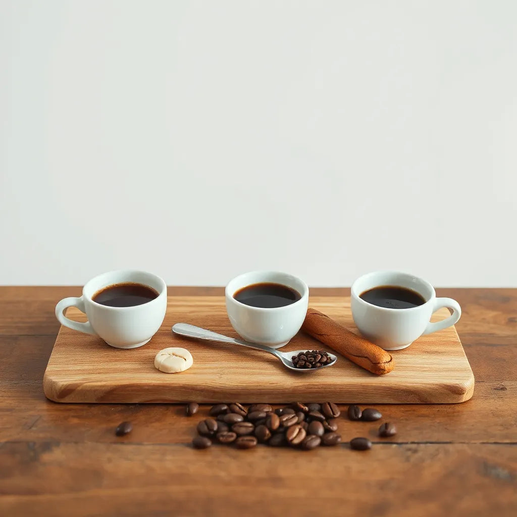 Three small cups of distinct coffee blends on a wooden tasting board with whole beans
