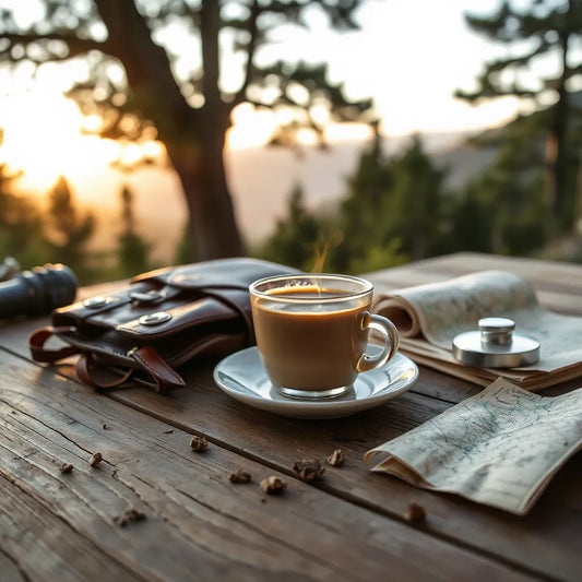 Artisan coffee cup beside a small backpack and folded map outdoors at sunrise