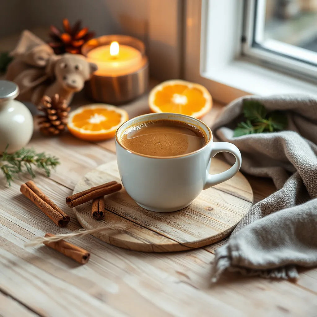 A warm cup of holiday blend coffee with cinnamon sticks and orange slices on a wooden table