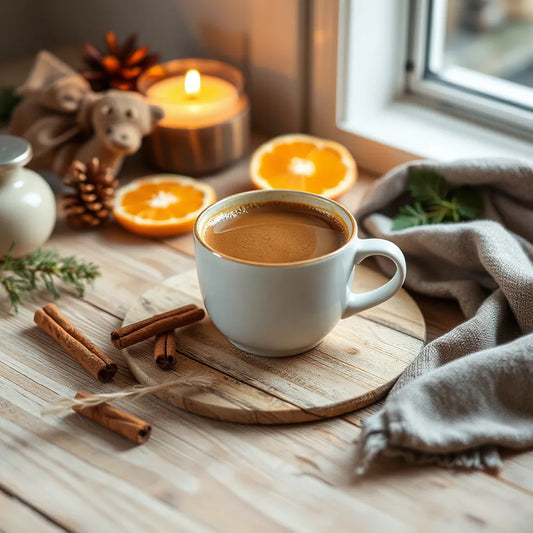A warm cup of holiday blend coffee with cinnamon sticks and orange slices on a wooden table