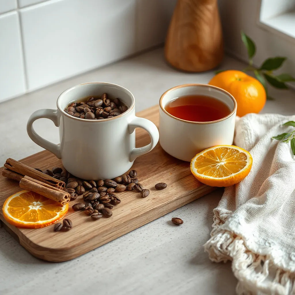 Warm mugs of spiced coffee and tea with cinnamon, orange slices, coffee beans, and tea leaves on a wooden board