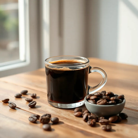 A cup of dark French roast coffee with a few roasted beans nearby on a warm wooden surface