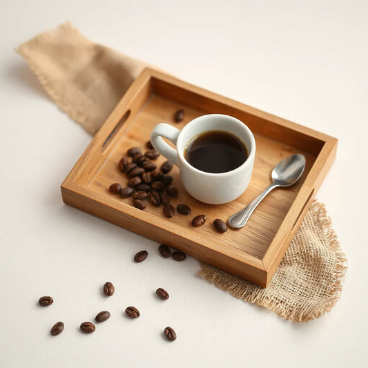 Freshly brewed coffee in a ceramic cup with whole beans on a wooden tray