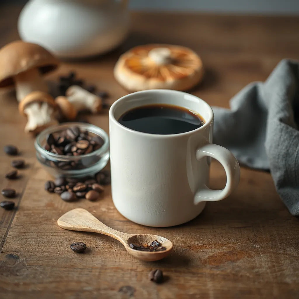 Ceramic mug of dark mushroom coffee with coffee beans and dried mushroom pieces on a wooden table