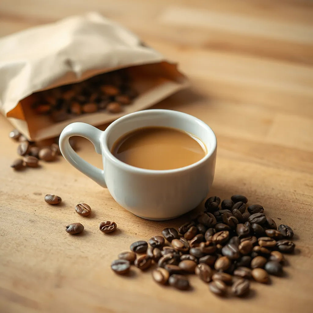 Cup of smooth medium-roast coffee with nearby coffee beans on a wooden surface
