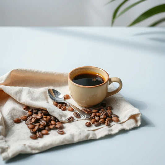 Cup of freshly brewed coffee with roasted beans on linen and soft tropical blue tones