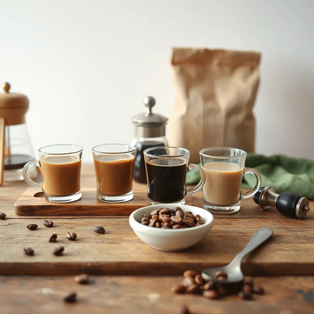 Three small cups of different coffee blends with coffee beans on a wooden surface