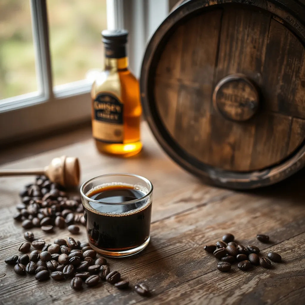 Dark coffee in a ceramic cup beside a whiskey barrel and scattered roasted coffee beans
