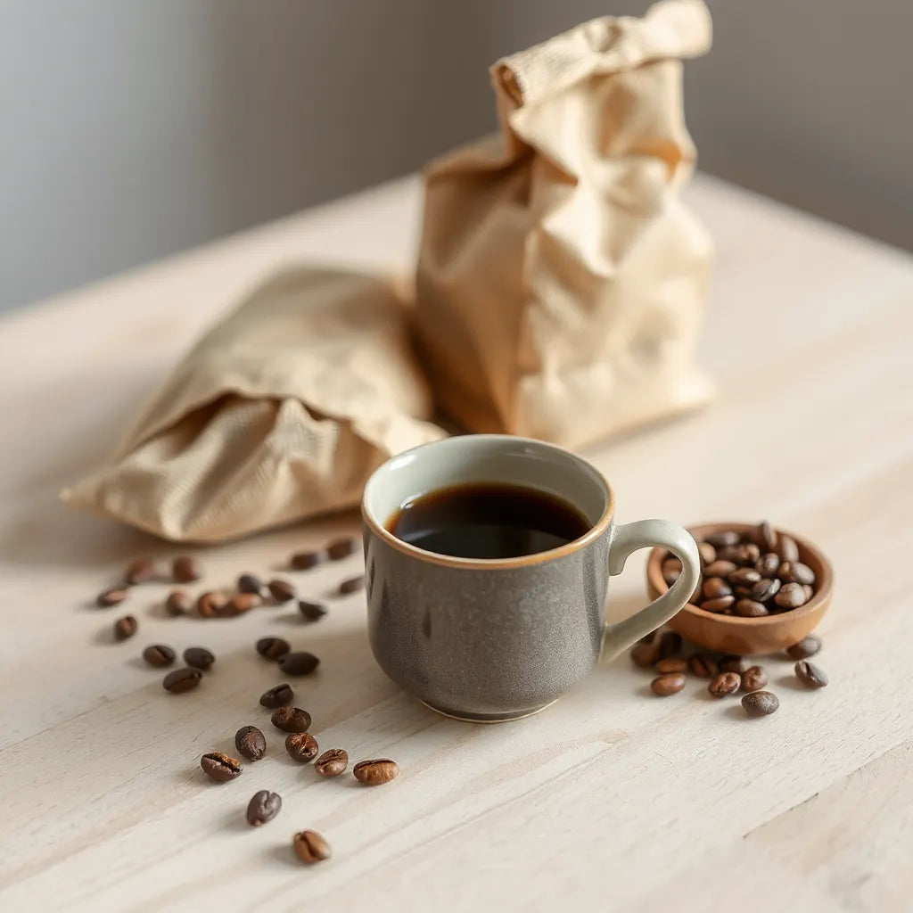 A fresh cup of balanced coffee with nearby coffee beans and a burlap bag on a light wooden table