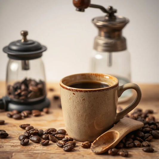 Dark coffee in a ceramic cup with roasted beans nearby and a softly blurred grinder in the background