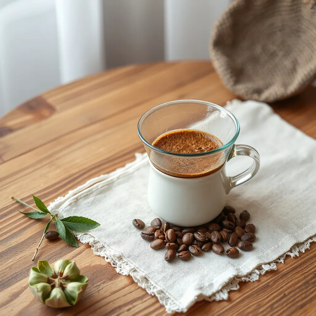 Pour-over coffee setup with a ceramic cup and whole coffee beans on a wooden surface