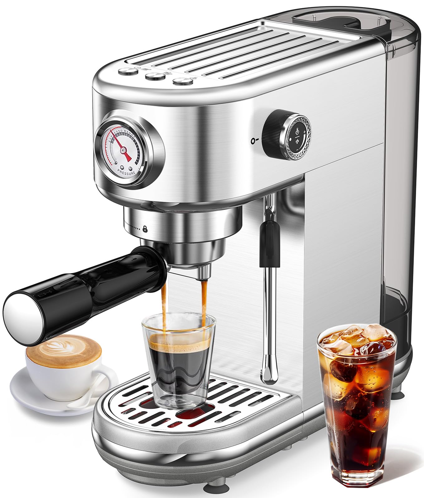 Espresso Machine with Milk Frother, 20 Bar High Pressure Professional Espresso Maker Automatic, Compact Stainless Steel Coffee Machine for Cappuccino, Latte, Gift for Coffee Lover, Dad or Mom, Silver
