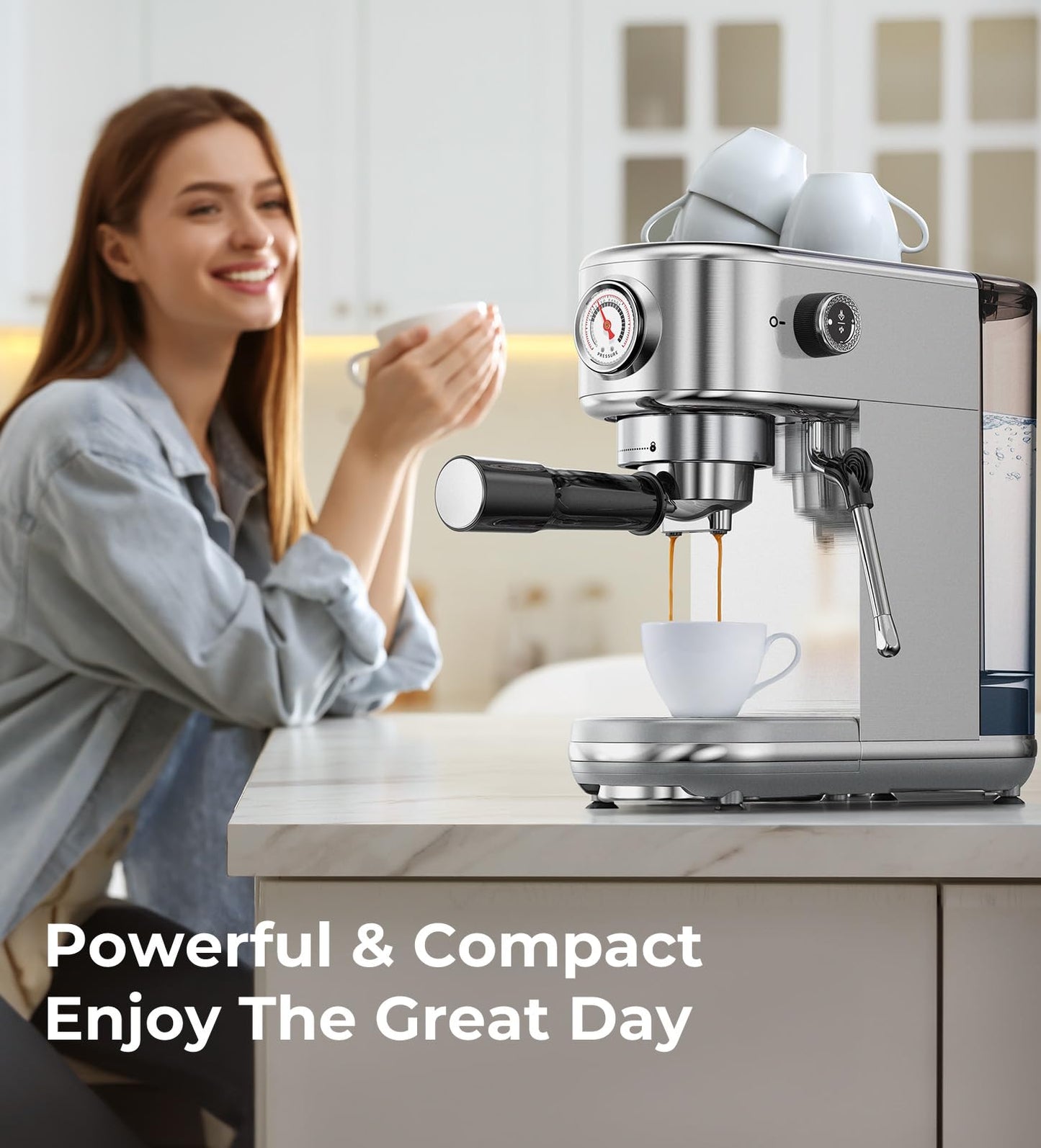 Espresso Machine with Milk Frother, 20 Bar High Pressure Professional Espresso Maker Automatic, Compact Stainless Steel Coffee Machine for Cappuccino, Latte, Gift for Coffee Lover, Dad or Mom, Silver