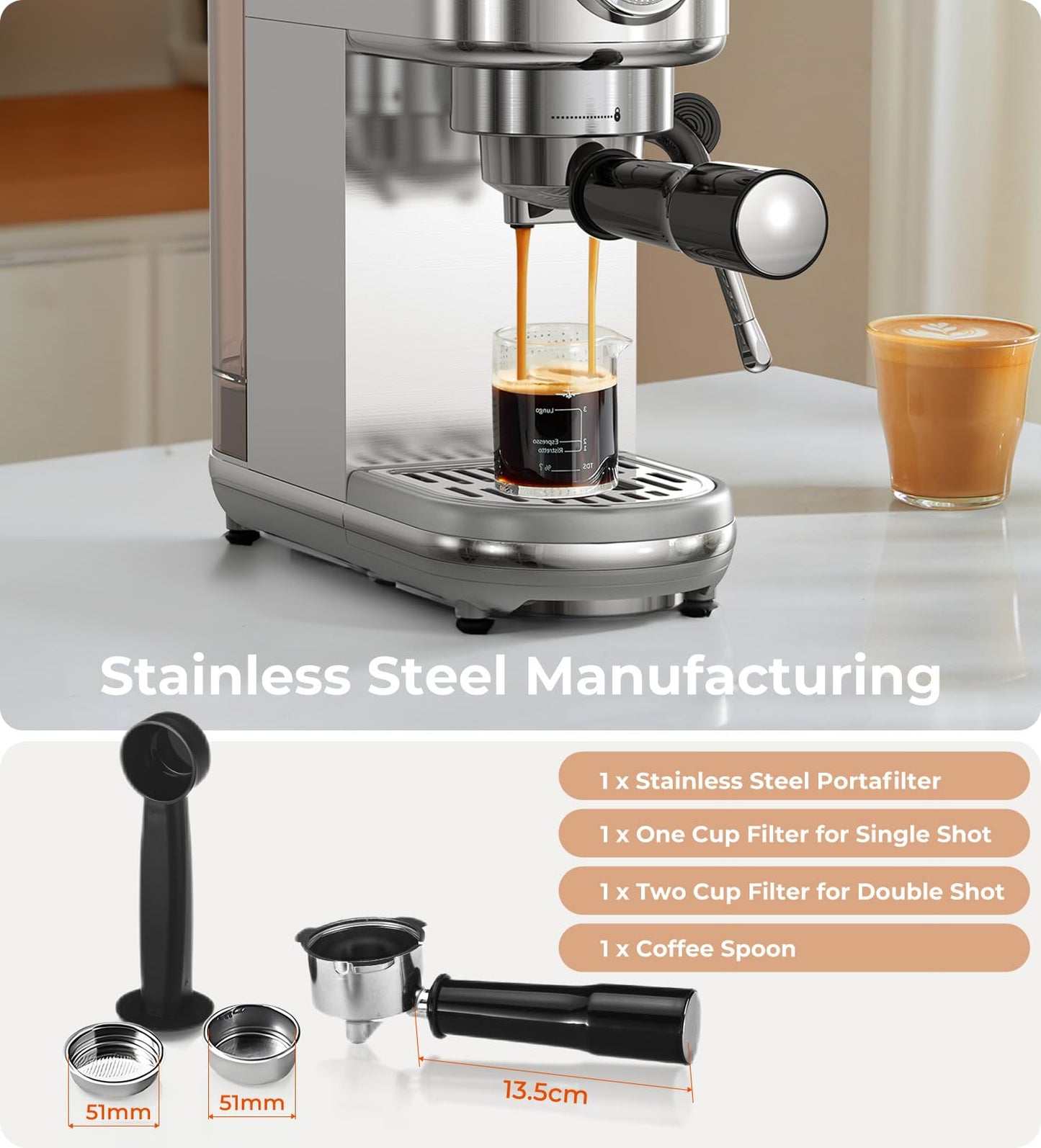 Espresso Machine with Milk Frother, 20 Bar High Pressure Professional Espresso Maker Automatic, Compact Stainless Steel Coffee Machine for Cappuccino, Latte, Gift for Coffee Lover, Dad or Mom, Silver