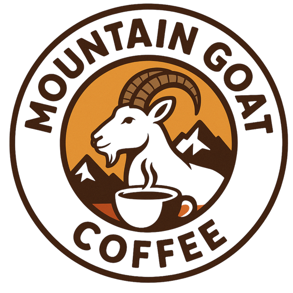 Logo of Mountain Goat Coffee with a mountain goat and coffee cup design.