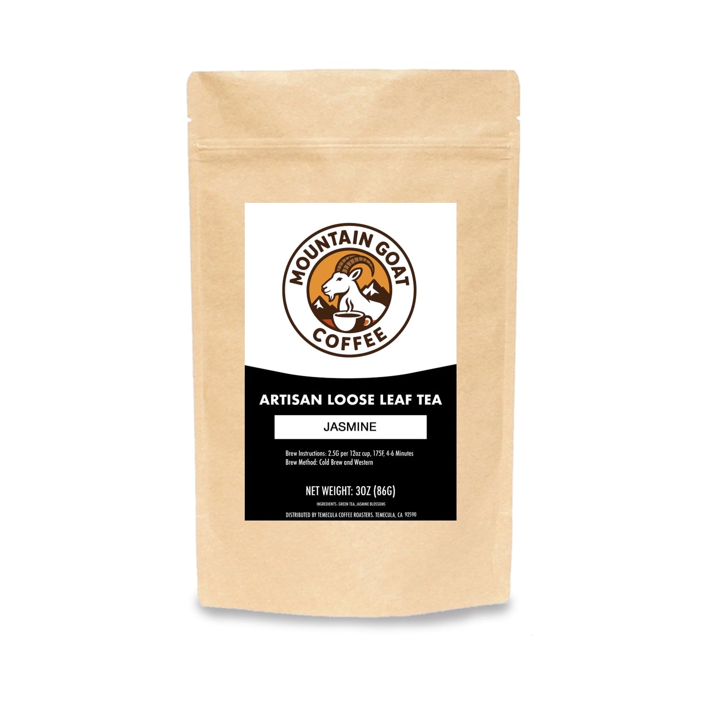 Mountain Goat Coffee jasmine loose leaf Jasmine tea package on a white background