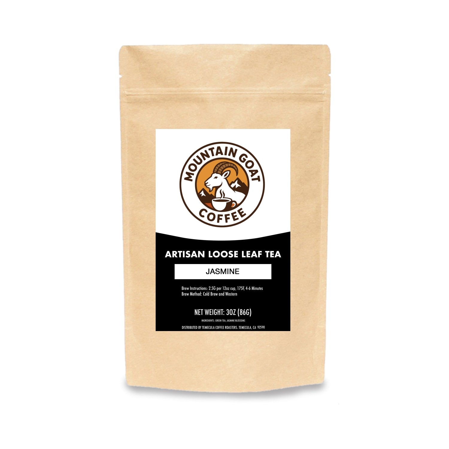 Mountain Goat Coffee jasmine loose leaf Jasmine tea package on a white background