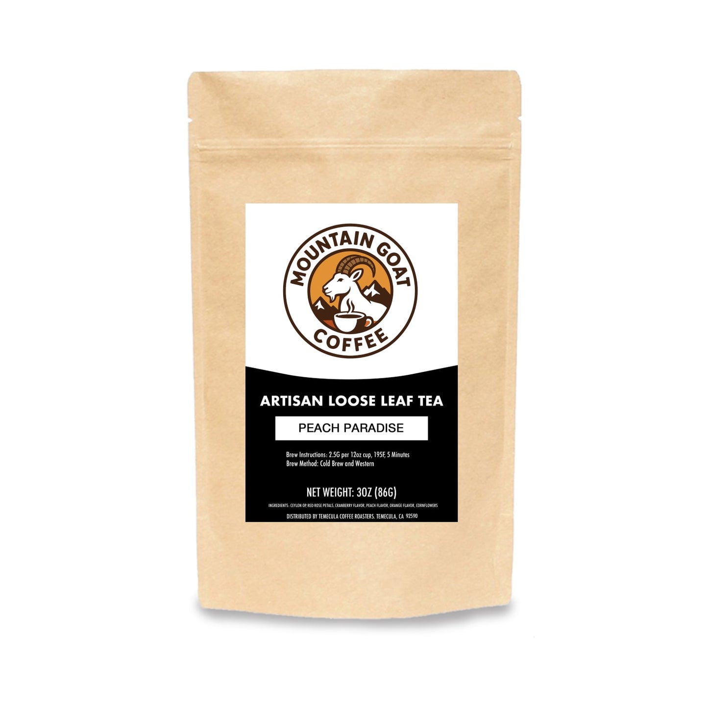 Mountain Goat Coffee artesian loose leaf PEACH PARADISE tea package on a white background