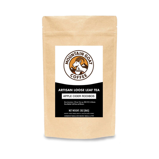 Mountain Goat Coffee Artisan Loose Leaf APPLE CIDER ROOIBIOS Tea package on a white background