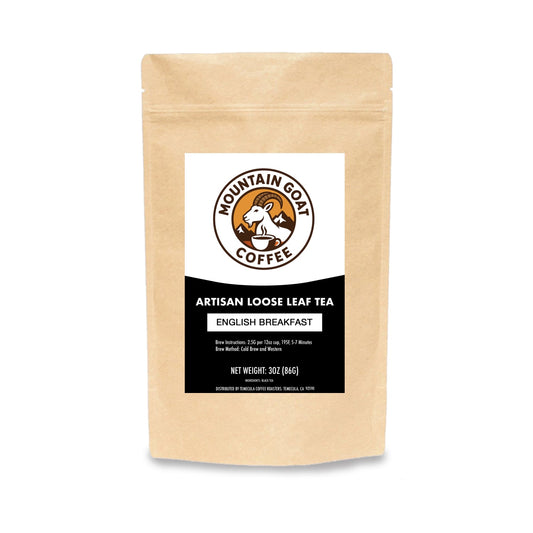 Mountain Goat Coffee Artisan Loose Leaf English Breakfast Tea package on a white background