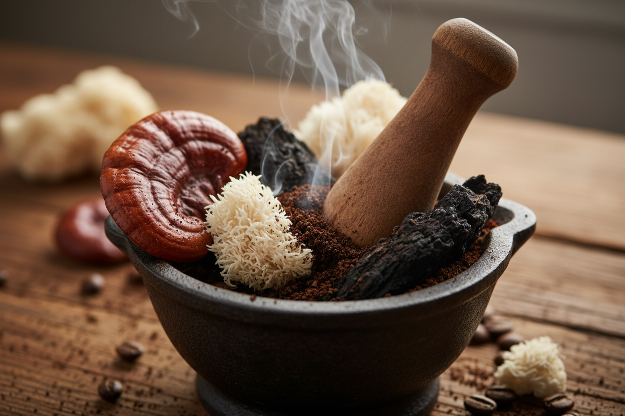 Mushroom Coffee Medium Roast for Smooth, Jitter-Free Energy. Enjoy a rich, balanced cup with the added benefits of mushroom blend support for a calmer morning boost.